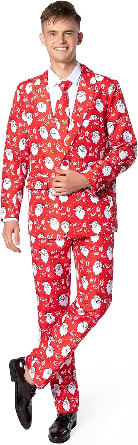 ACH Christmas Suit for Men Party Costume Adult in Different Prints 3PCS Ugly Funny Men’s Jacket Outfit Cosplay with Tie Pants
