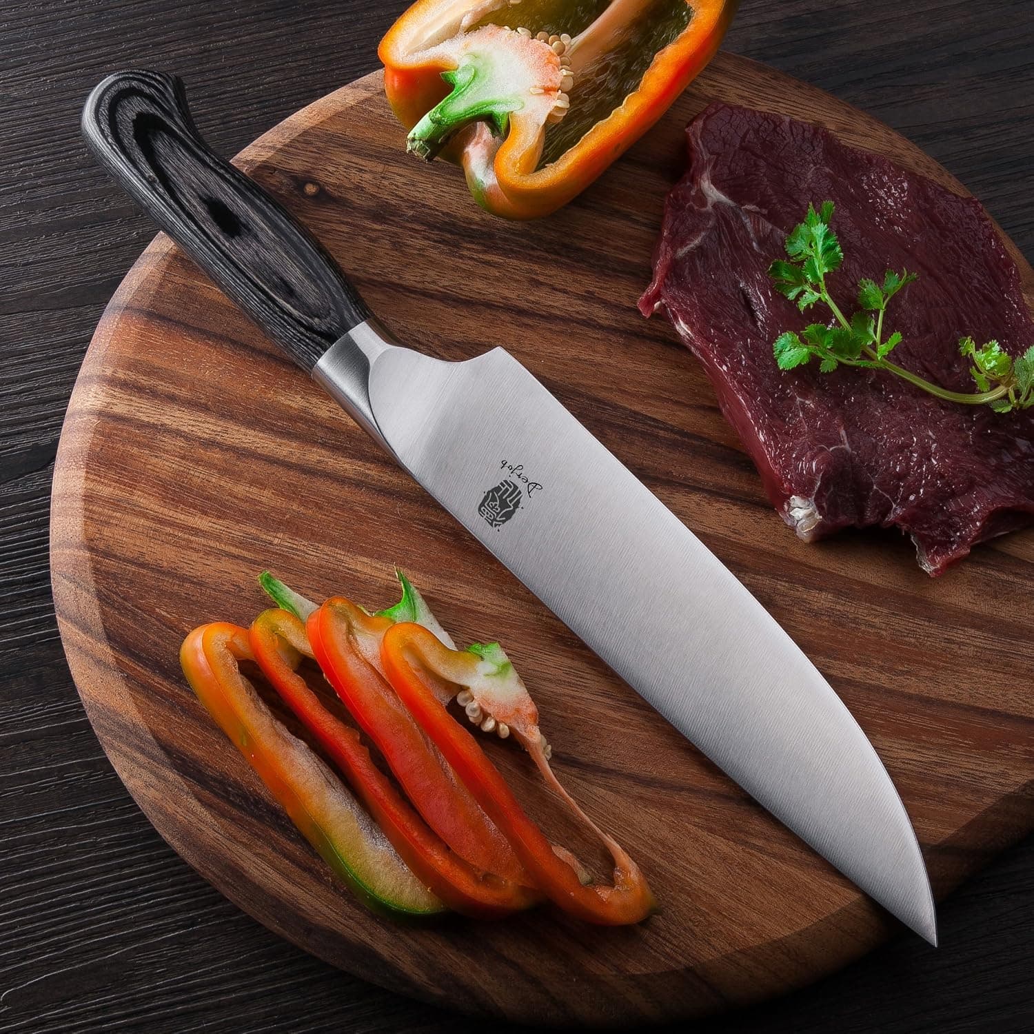 Derjob Chef knife 8 Inch Blade Ergonomic Wooden Handle High Carbon Germany X50crmov15 Stainless Steel with Sharp Cut Edge Best for Kitchen Cutting Slicing