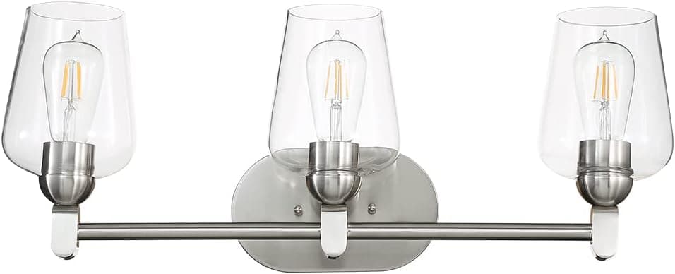 EURON Modern Style 3-Lights Vanity Mirror Light/Wall Sconce/Vanity Lighting Fixtures for Bathroom Kitchen & Living Room with Transparent Glass on Simple Brushed Nickel Frame（Exclude Bulb）