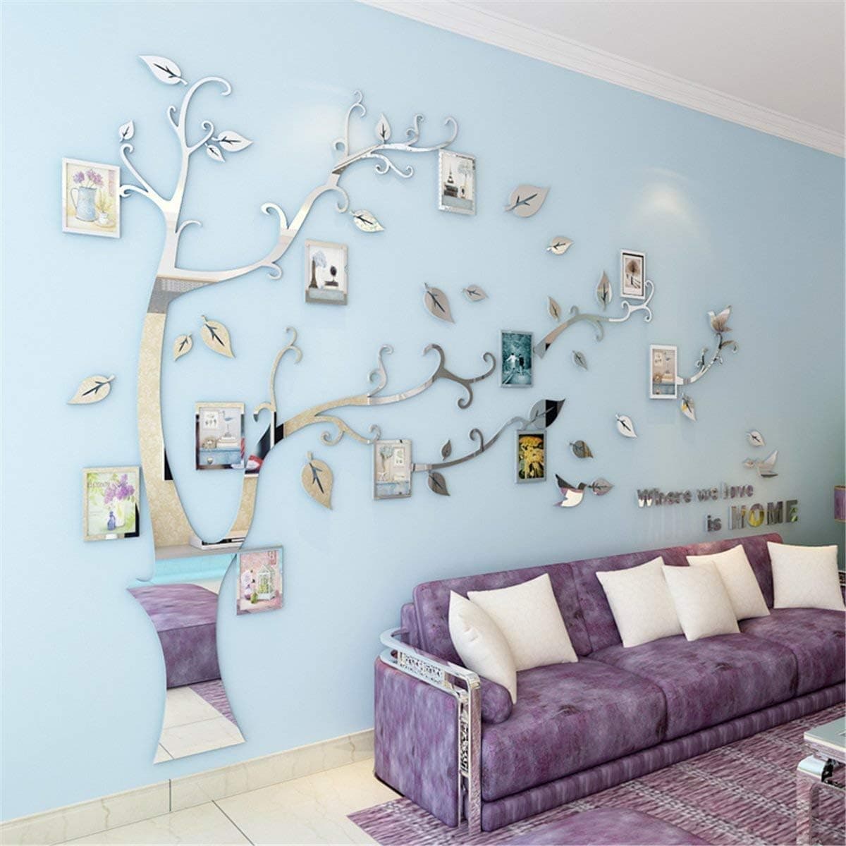 Kenmont Large Family Tree Wall Decals 3D DIY Photo Frame Wall Stickers Crystal Acrylic Mural for Living Room Sofa TV Art Wall Background（Silver-XL-Left）