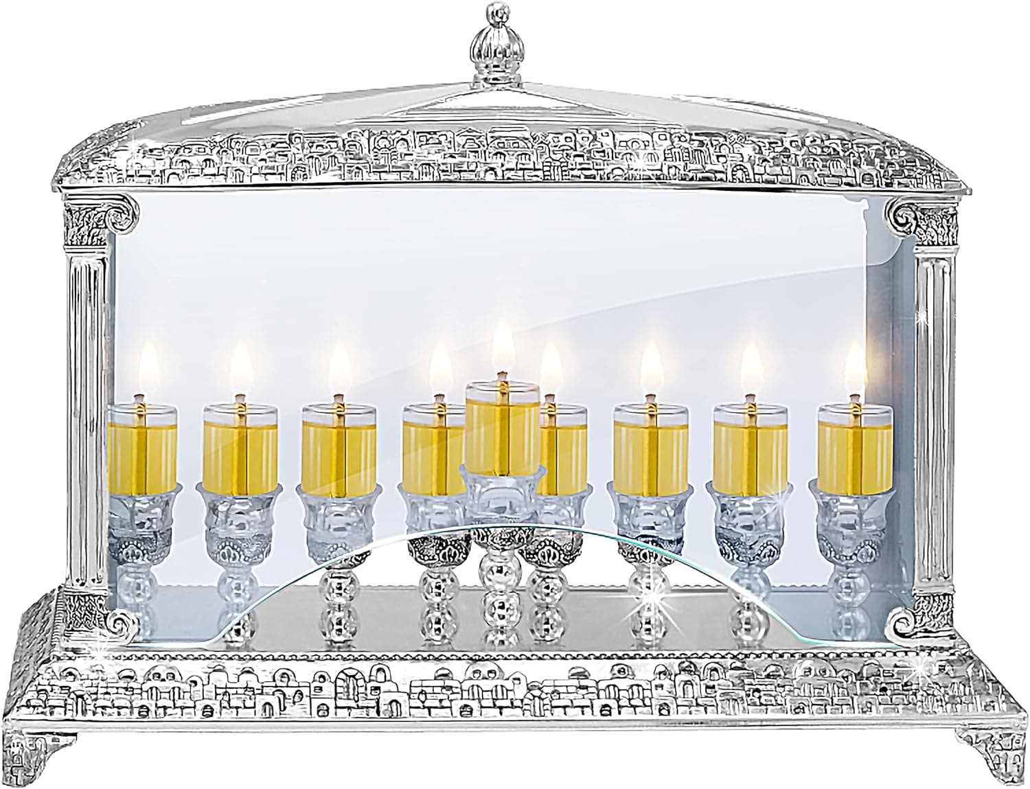 Ner Mitzvah Nickel Oil Wall Menorah with Glass Walls - Fits Standard Chanukah Oil Cups and Large Candles - Ancient Jerusalem Design
