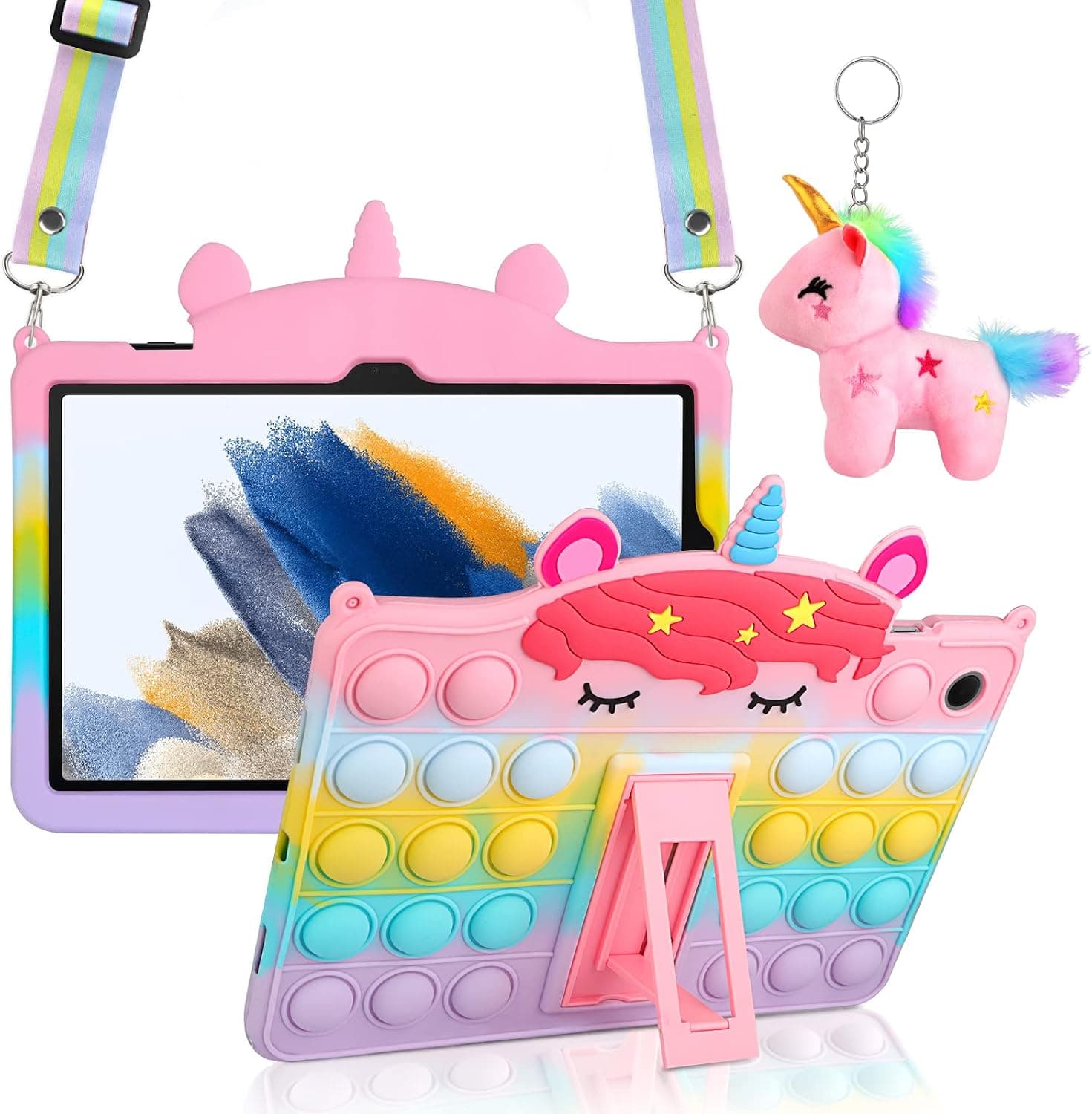 WESADN for Samsung Galaxy Tab A8 10.5 Case with Kickstand Lanyard Keychain Silicone Fidget Bubble Case for Girls Women Cute Pop Protective Tablet Cover for Galaxy Tab A8 10.5 Inch SM-X200/X205/X207