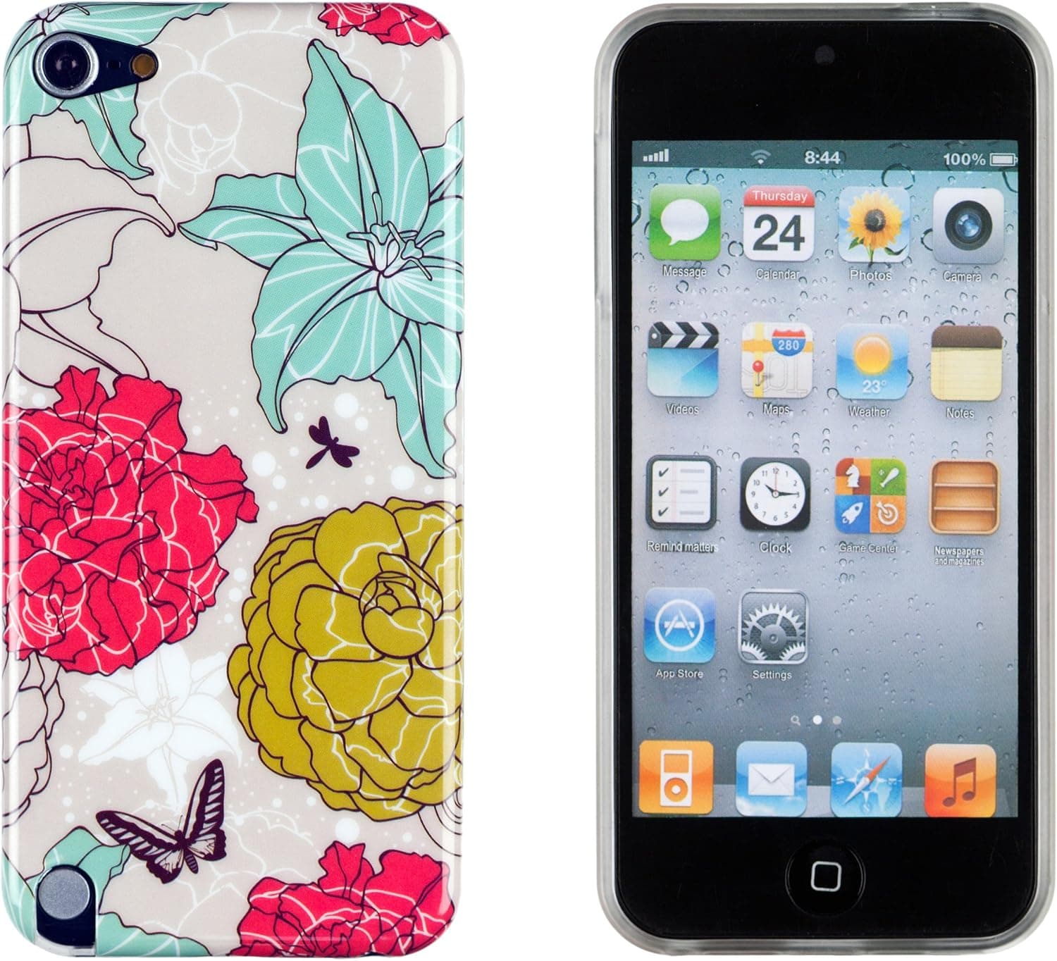 Vintage Floral Flexible TPU Case with Clear Sides for Apple iPod Touch 5 (5th generation) + DandyCase Keychain Screen Cleaner [Retail Packaging by DandyCase]