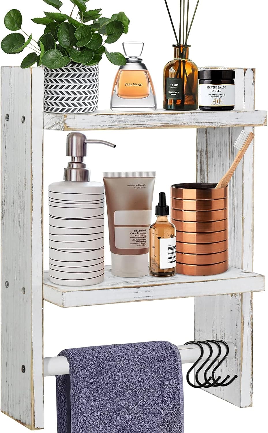 Rustic Towel Rack Wall Mount with Shelf, 2-Tier Bathroom Shelf with Towel Bar, Shower Caddy Storage, Towel Holder for Bathroom Wall, Bathroom Wall Shelf Over Toilet, Kitchen Storage Shelf with Hooks