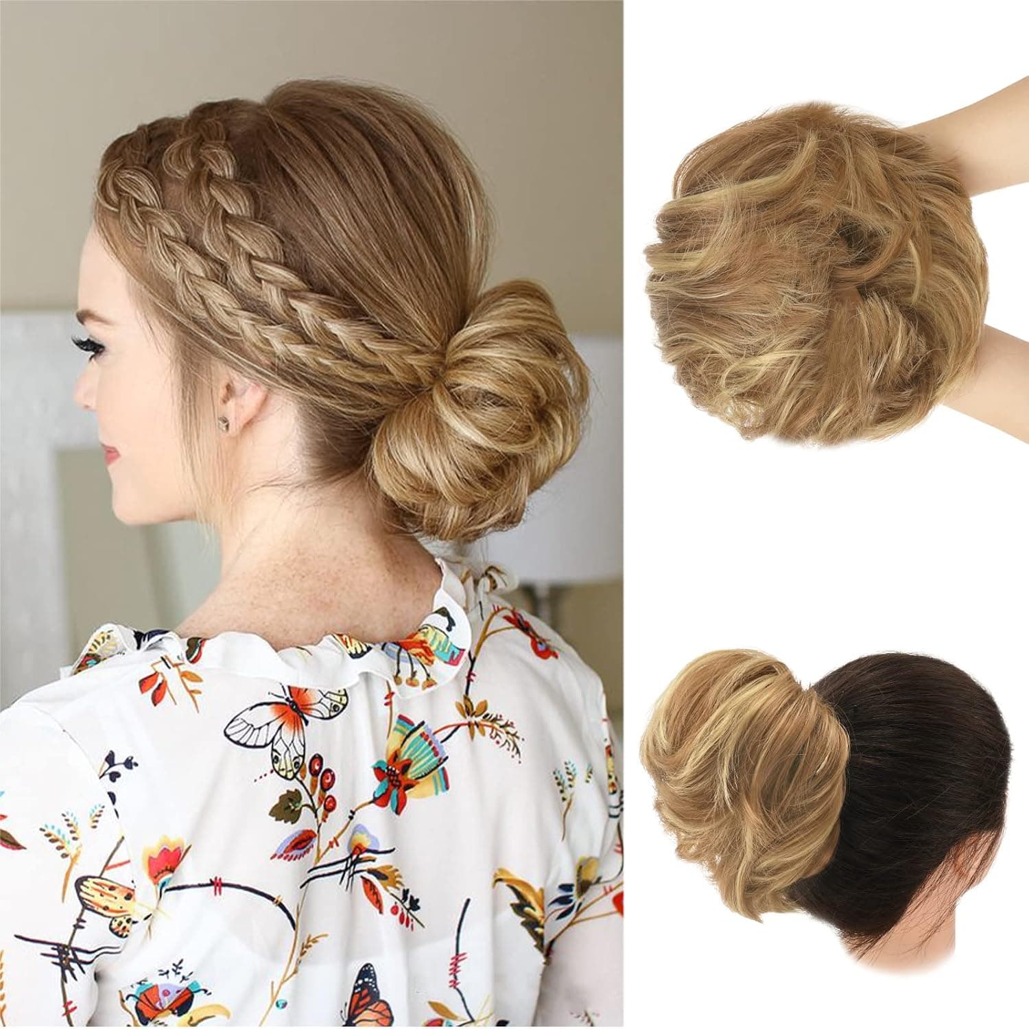 BARSDAR Messy Bun Hair Piece, Messy Curly Wavy Hair Buns Hair Piece Synthetic Chignon Updo Hair Bun Extension Hairpiece for Women(12H24#-Light Golden Brown & Pale Golden Blonde)