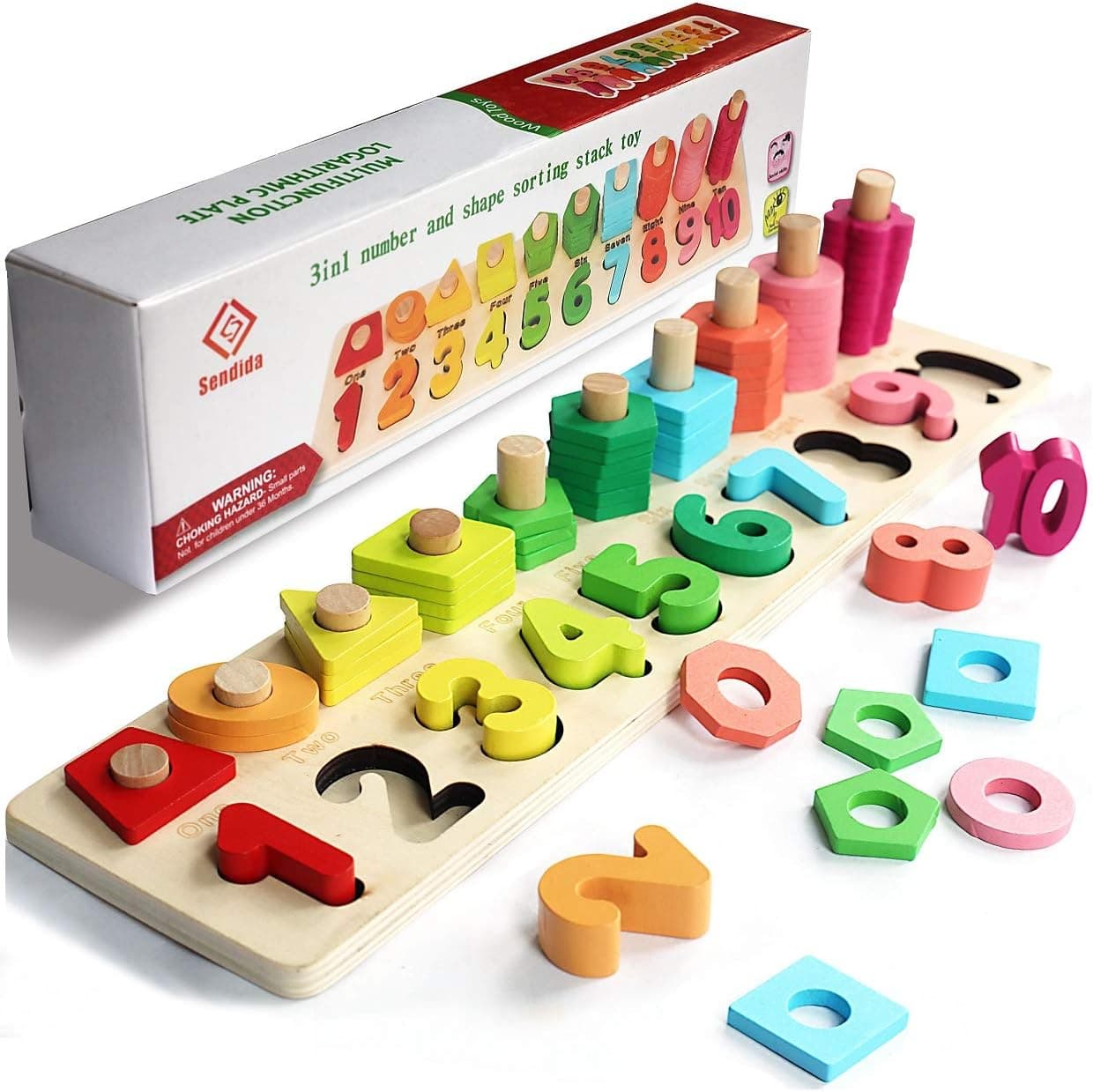 Sendida Montessori Math Shapes Puzzle Toys - Toddlers Stacking Wood Blocks Number Toys Stacking Shape Sorting Toys Early Learning Toys for Kids Preschool Counting