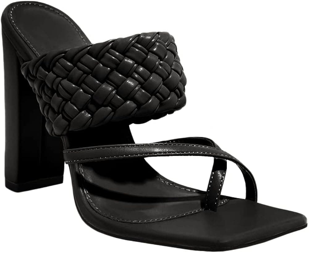 Dghaixing Women's Heeled Sandals Square Toe Block Heel Braided Backless High Heel Thong Sandals Casual Summer Woven Mules