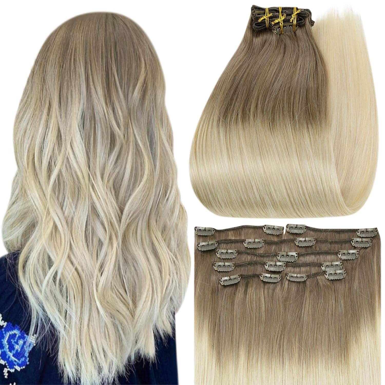Full Shine Blonde Clip in Hair Extensions Human Hair 22 Inch Remy Clip in Human Hair Extensions Color 6 Chestnut Brown to 60 Platinum Blonde And 6 Double Weft Clip in Hair Extensions 7 Pcs 120 Gram