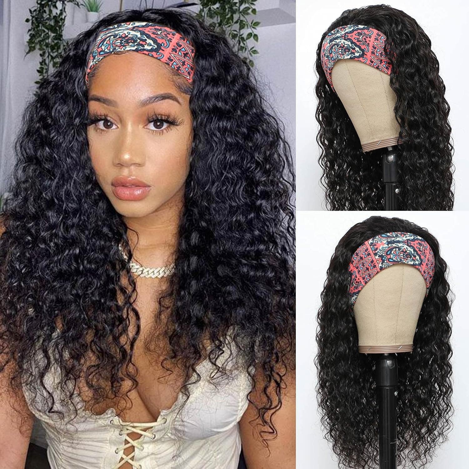 Apeasex Headband Wigs for Black Women Water Wave Human Hair Wigs Glueless None Lace Front Wigs with Headband 150% Density 20 Inch Natural Color