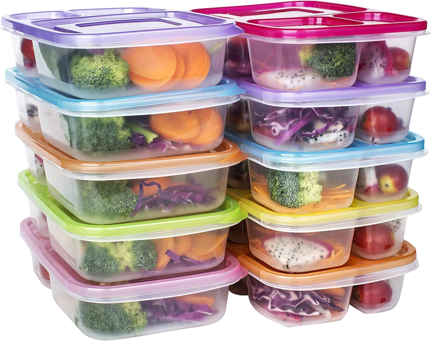DOURA Meal Prep Containers 3 Compartment Food Storage Reusable Plastic Bento Microwavable Lunch Boxes with Lids BPA-Free 10-Pack,Stackable Dishwasher & Freezer Safe,Portion Control,32oz