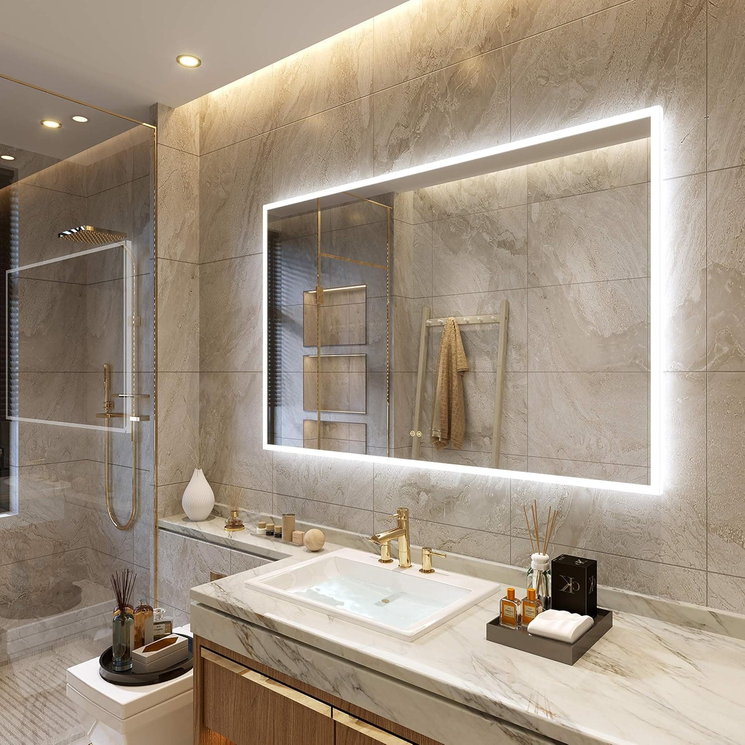 Petus PetusHouse 55 X 36 Inch LED Lighted Bathroom Mirrors, Acrylic Frame Wall Mounted White Light Dimmable Anti-Fog Memory Button Waterproof CRI>90 7MM Copper Free Mirrors, Vertical & Horizontal