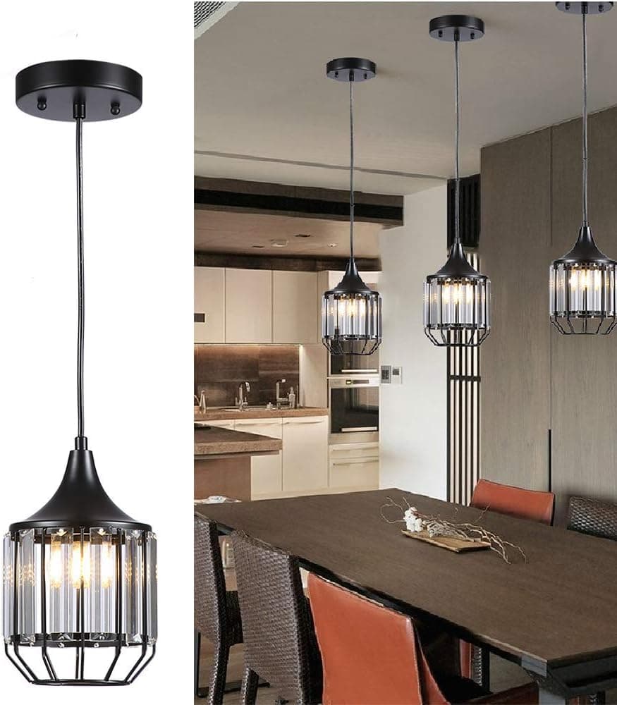 Cuaulans 1 Pack Caged Crystal Pendant Lights, Black Ceiling Hanging Crystal Pendant Lighting Fixture with Adjustable Cord
