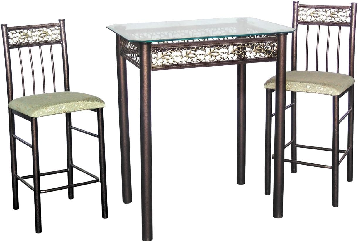 Home Source Industries 3-Piece Bronza Bistro Counter Bistro Set with Glass Table and 2 Decorative Stools