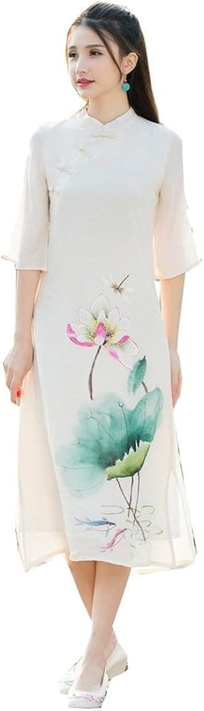 Traditional Chinese Dress Cotton Linen Hand Painted Flower Robe A-Line Dress
