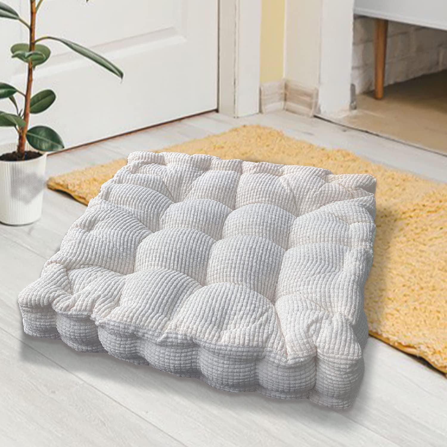 GEHIBAO Square Floor Seating Meditation Cushion for Adults, Floor Pillow Thick Tufted Pillows with Frilled Edge for Living Room Balcony Yoga Bedroom Sofa Outdoor，White 20"×20"
