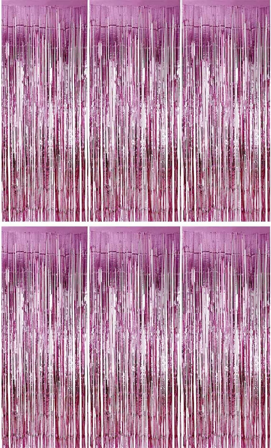 Sumind 6 Pack Foil Curtains Backdrop Fringe Tinsel Metallic Curtains Photo Backdrop for Wedding Birthday Party Stage Decor (Pink)