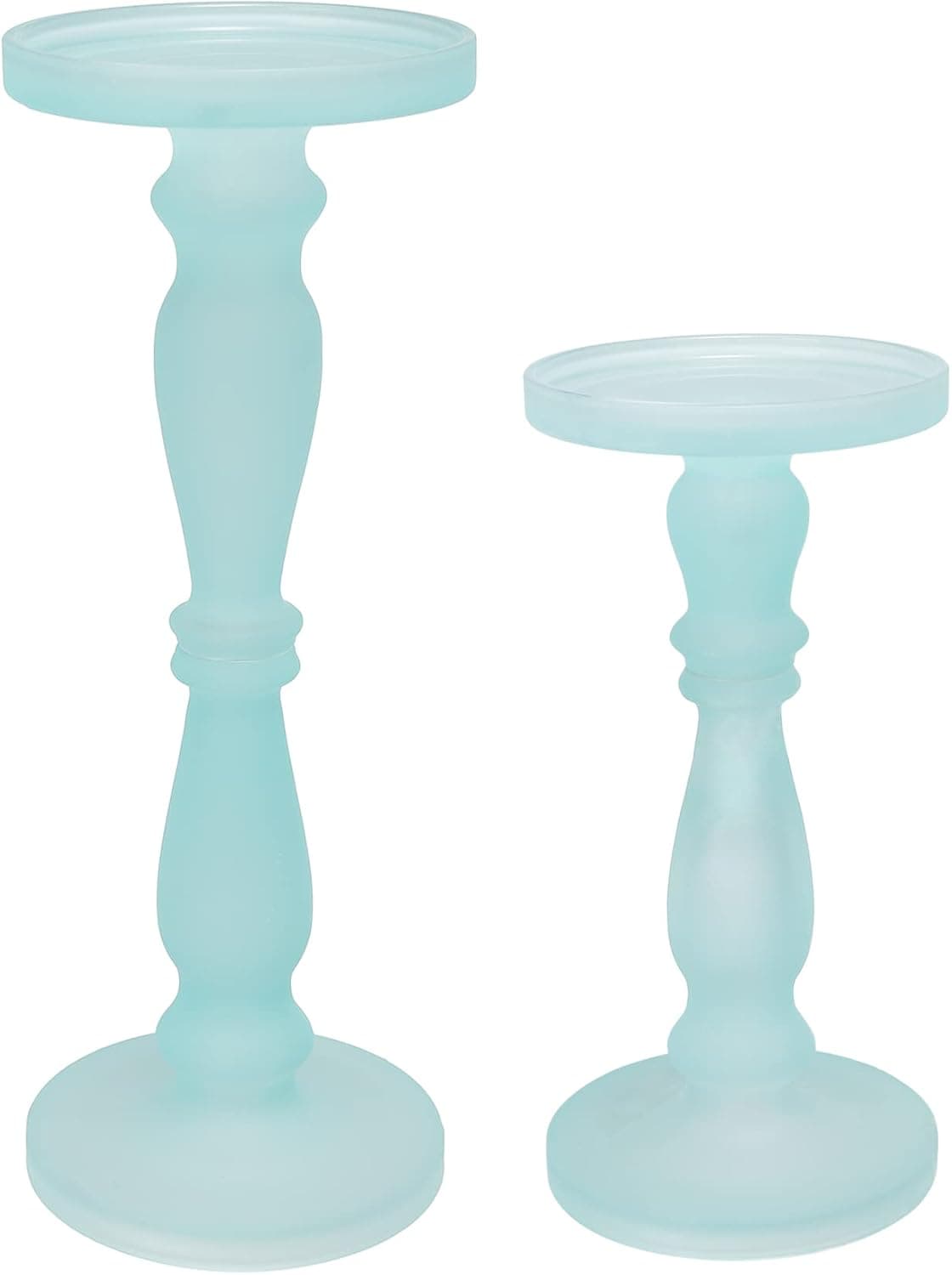 A&B Home Frosted Glass Candle Holder Set - Set of 2 Glass Pedestal Candle Holder, Decorative Pillar Candle Holder, Living Room Entryway Console Table End Table Accent Piece, Blue