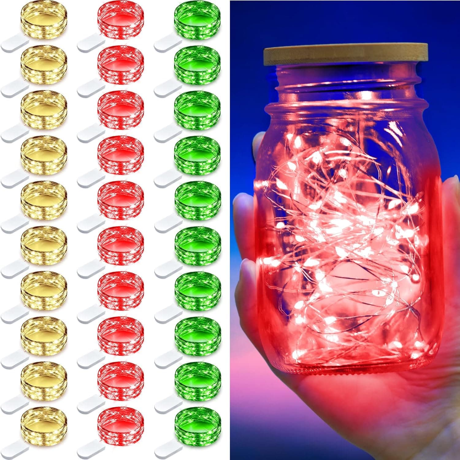 Remagr Christmas LED Fairy Lights Battery Operated 6.5ft 20 LEDs Jar String Lights Mini Waterproof String Lights with Copper Wire for Christmas (Red, Green, Warm White, 30 Pack)