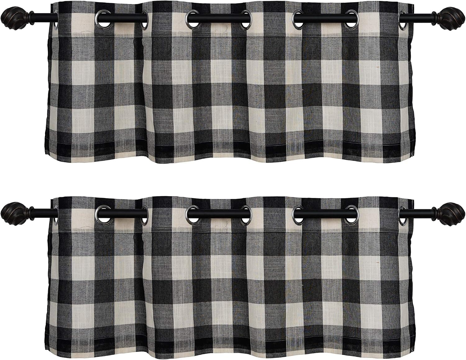 Creativesfun 2 Pcs Checks Line Up Set Farmhouse Faux Linen Look Buffalo Plaid Grommet WindowValance (Black & Cream, Valance 丨W53 X L18-INCH 2PCS)