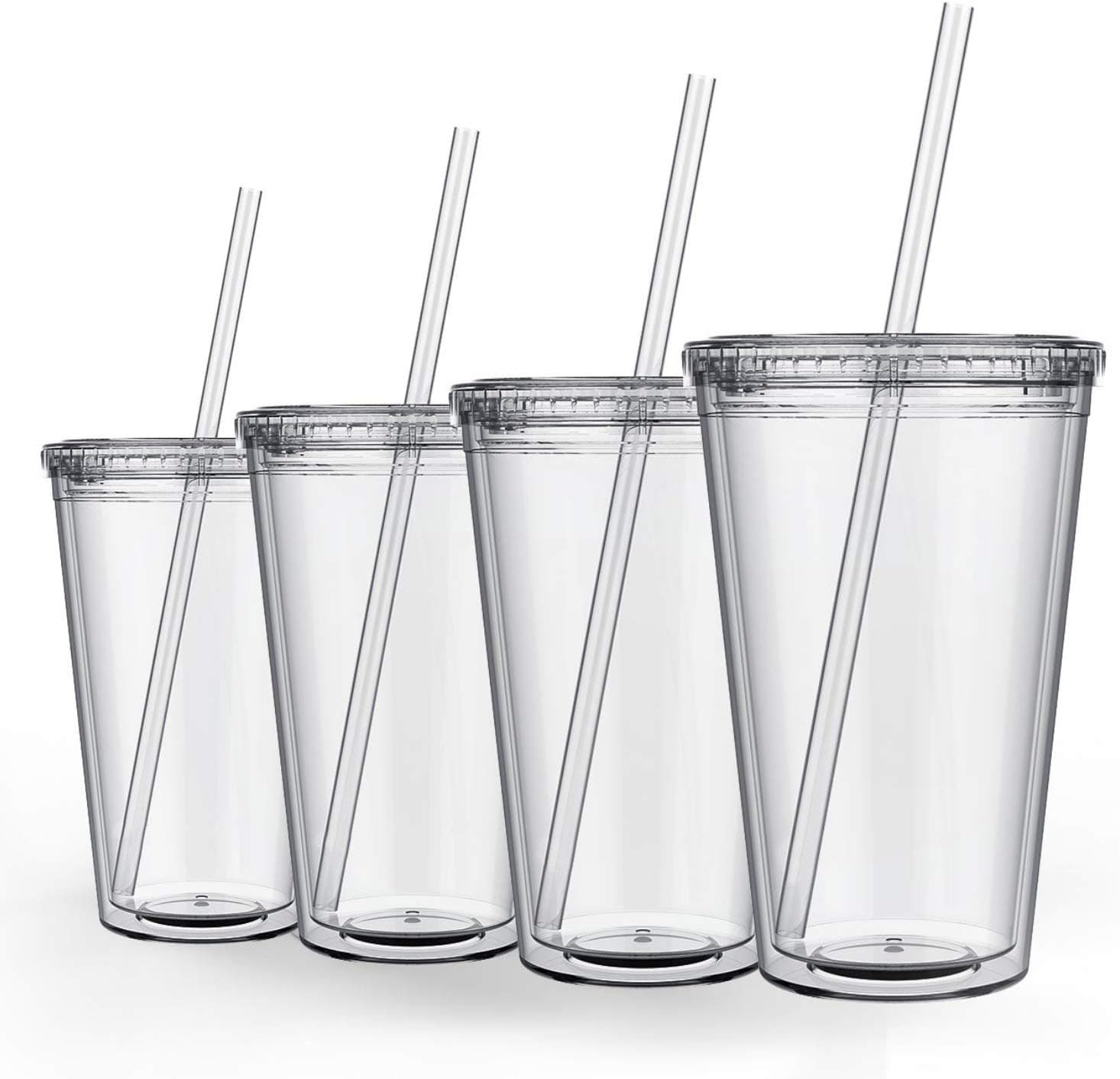 Maars Classic Insulated Tumblers 16 oz | Double Wall, Reusable Plastic Acrylic - Clear | Perfect for Parties, Birthdays, Customization - 4 Pack