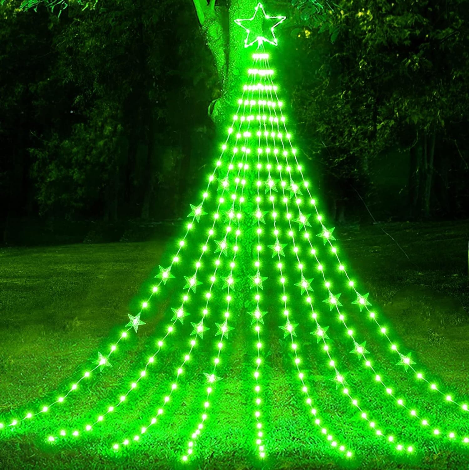 Outdoor Christmas Decorations Star Lights, 12FT Christmas Tree Lights St. Patrick's Day with Topper Star, 240 LED 8 Modes Waterfall Star Fairy String Lights for Outside Yard Patio Indoor Party - Green