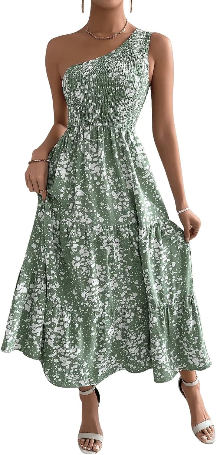 SweatyRocks Women's Boho Sleeveless One Shoulder Dress Shirred Ruffle Hem A Line Maxi Dresses