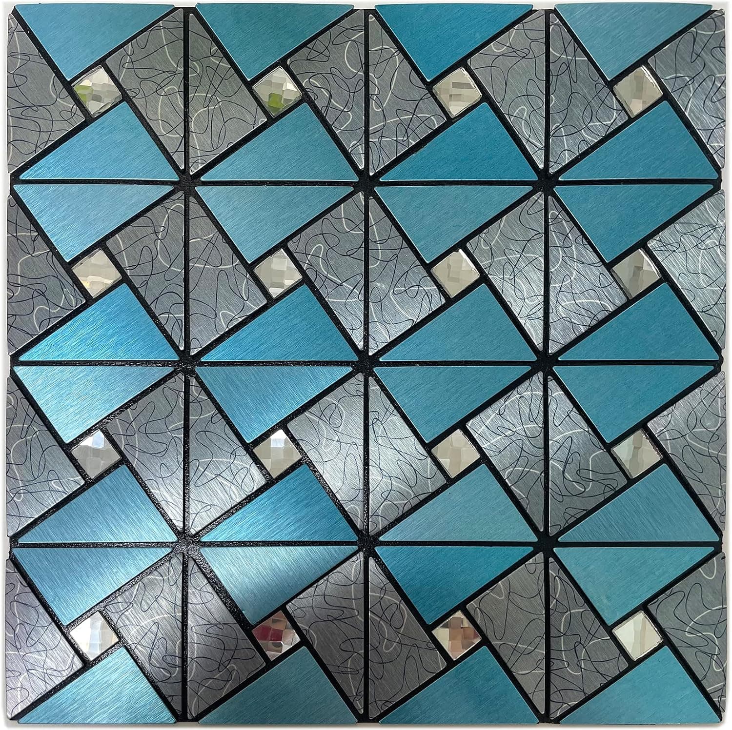 TenasHome 10-Sheets Metal Backsplash Peel and Stick Glass Tile Windmill Puzzle Stick on Kitchen Bathroom Fireplace,Brushed Line Blue