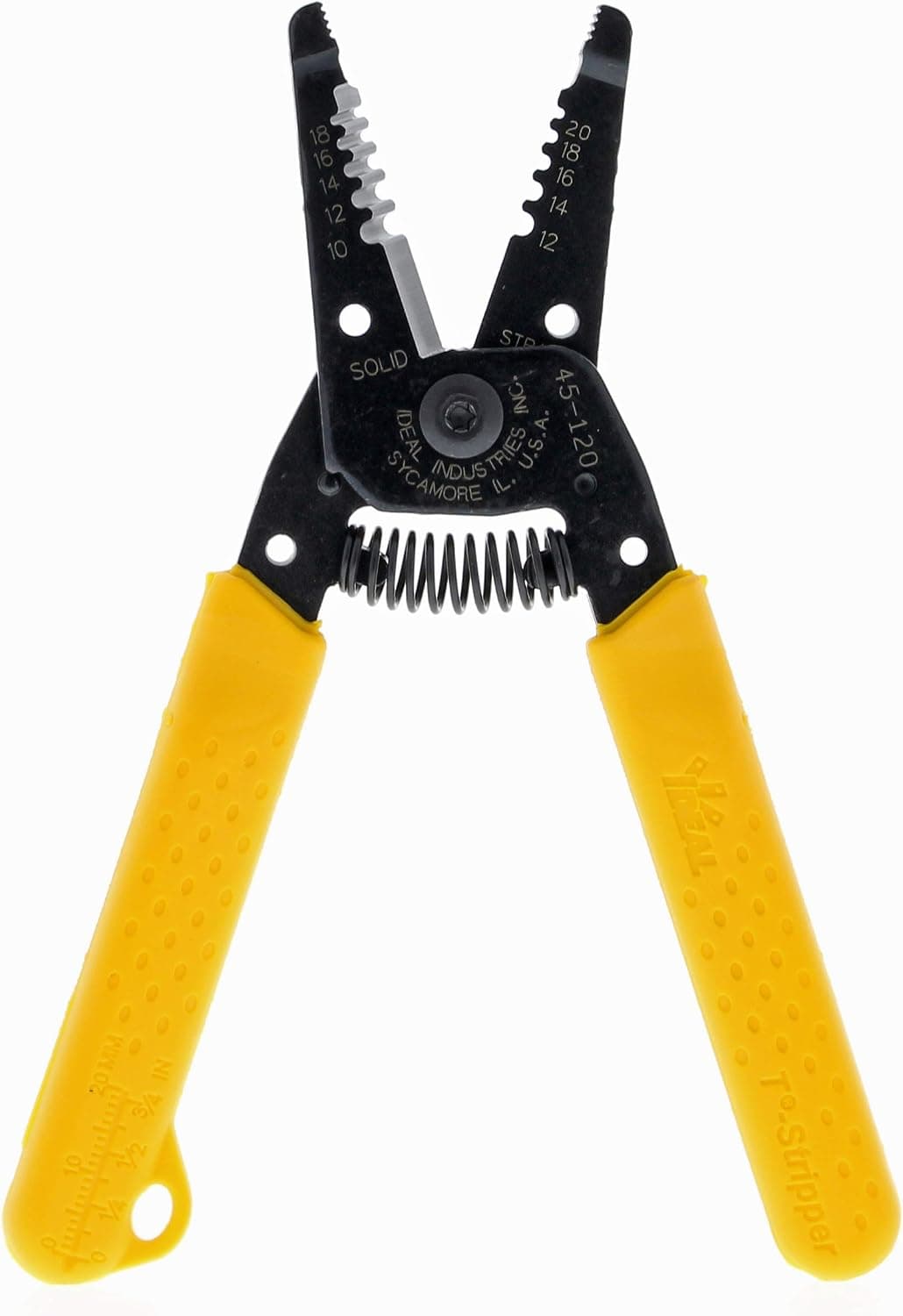 IDEAL Electrical 45-120 T-5 T-Stripper - 10-20 AWG, Yellow Wire Stripper with Looping Holes, Plier Nose, Spring Loaded Automatic Opening