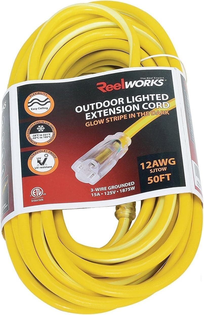 REELWORKS Extension Cord Long 50 FT Heavy Duty Commercial Premium Grade 12AWG SJTOW Cable Single Light Up Tap w/Glow Strip For Indoor & Outdoor Ultra Flexible Weather UV Oil Acid Ozone Resistant