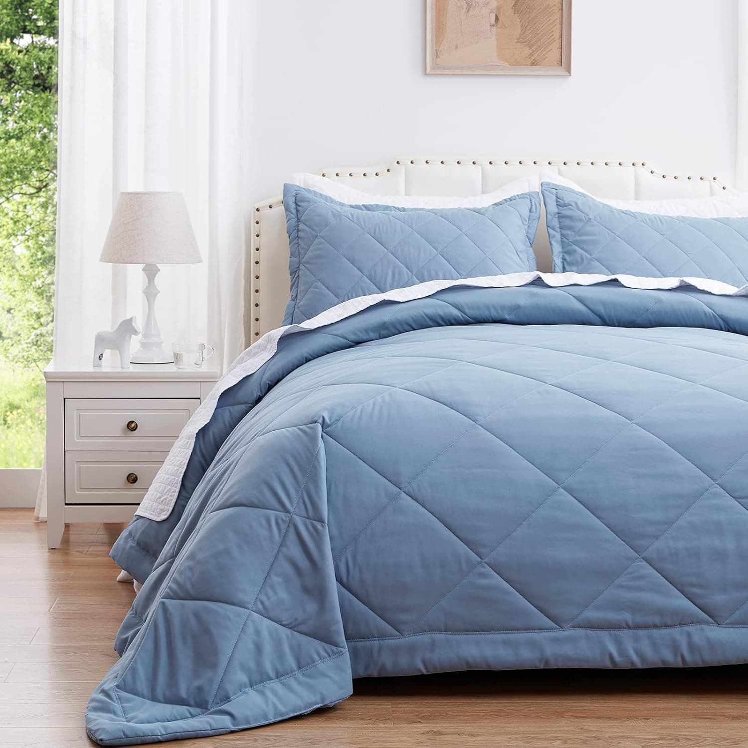 SunStyle Home Queen Quilt Set Lightweight Blue Comforter Set Diamond Pattern All Season 3 Pieces (1 Quilt, 2 Pillow Shams)