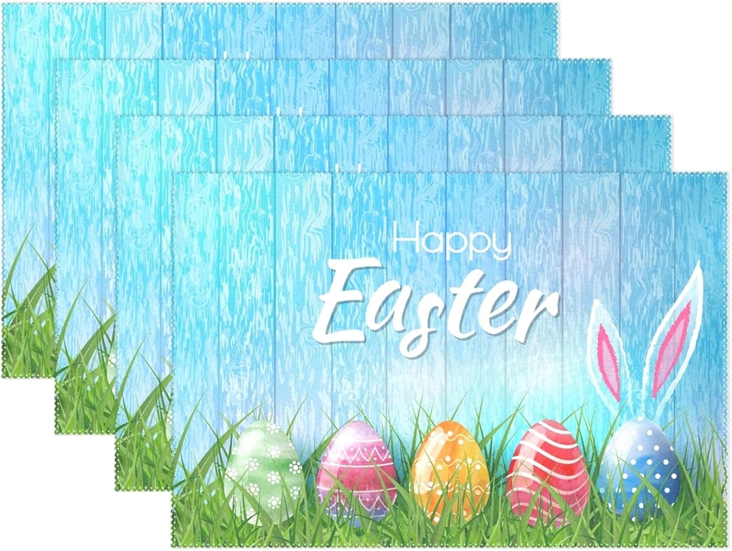visesunny Happy Easter Colored Egg with Rabbit Ear Placemat Table Mat Desktop Decoration Placemats Set of 4 Non Slip Stain Heat Resistant for Dining Home Kitchen Indoor 12x18 in
