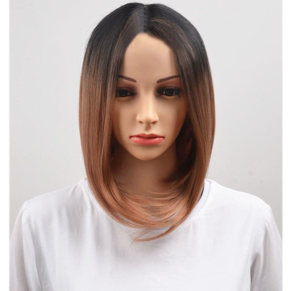 RightOn Short Straight Charming Bob Wig for Women Girls Lovely Synthetic Bob Wig with Wig Cap (Black Ombre Brown)