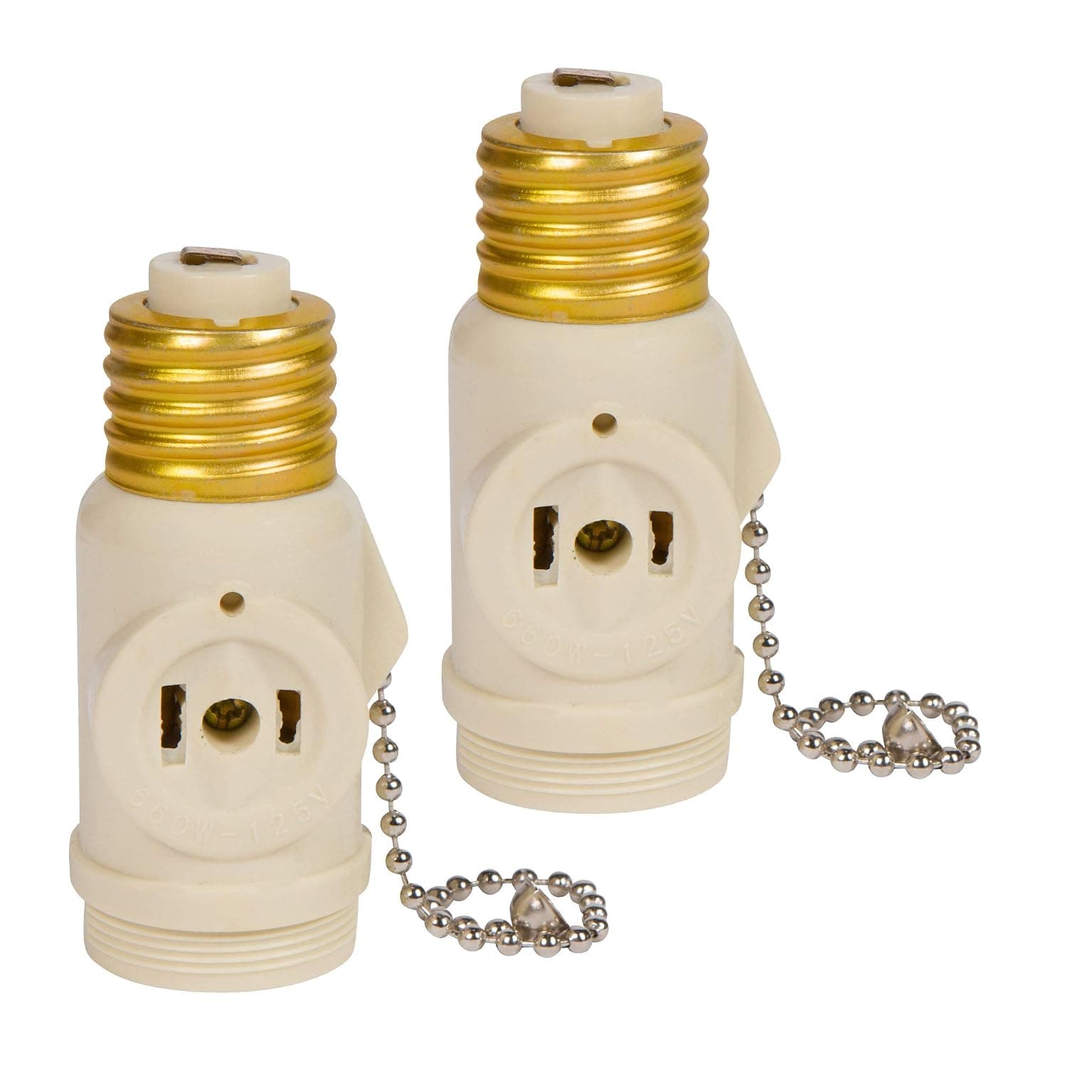 Simba Lighting E26 Light Bulb Socket Adapter Off White (2 Pack) with 2 AC Outlet Plugs and Pull Chain Switch to Control Light Bulb for Indoor Outdoor Use in Attic, Basement, Garage, Medium Screw Base