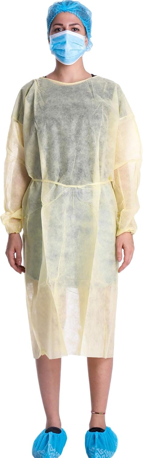 Disposable Isolation Gown Polypropylene Gown with Knit Cuff Long Sleeve Pack of 15 Yellow