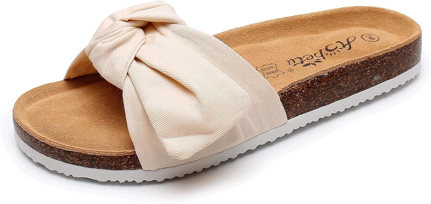 AOBETU Slide Sandals for Women - Knotted Bow Flat Cork Footbed Sandals for Ladies Open Toe Casual Summer Slide