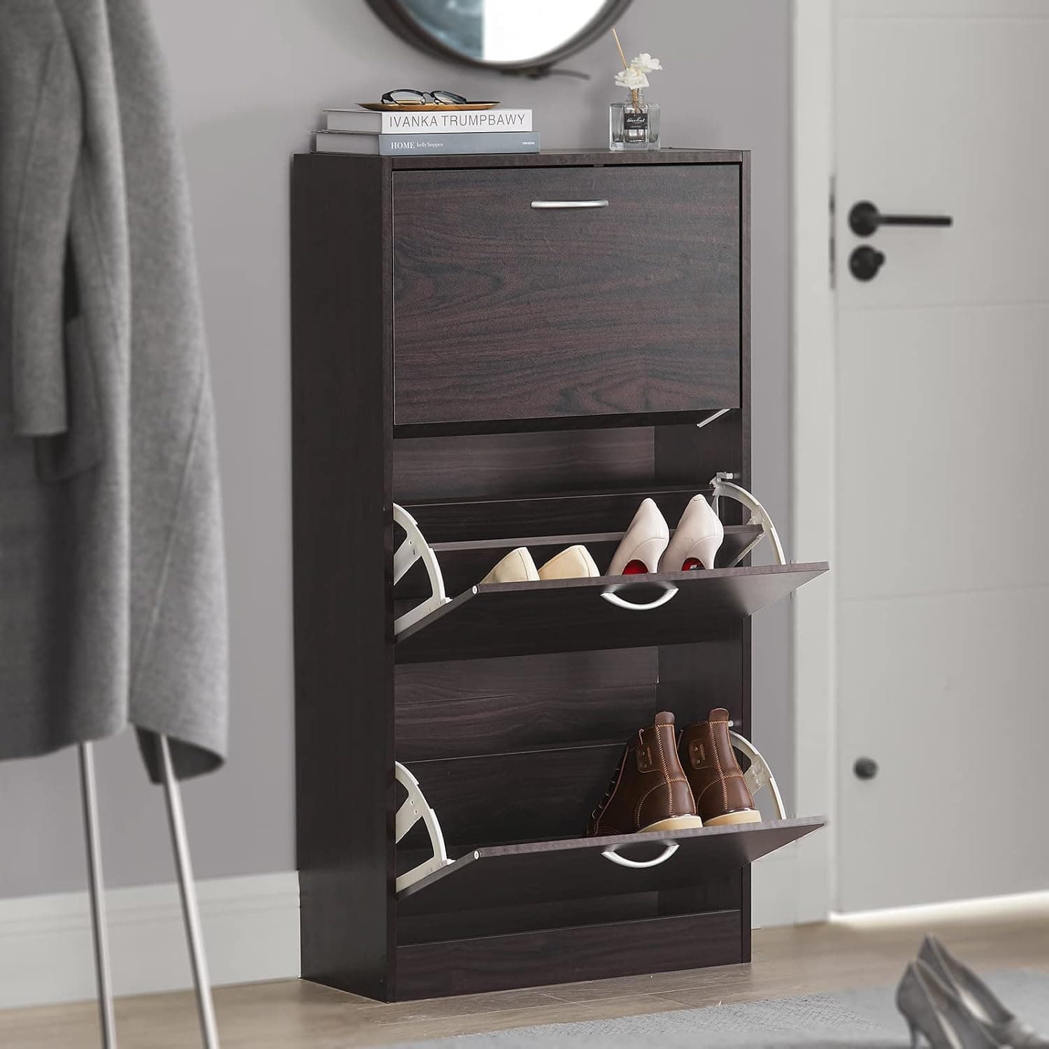 Haotian FSR110-BR, Brown Shoe Cabinet with 3 Flip Drawers, Freestanding Shoe Rack, Shoe Storage Cupboard Organizer Unit