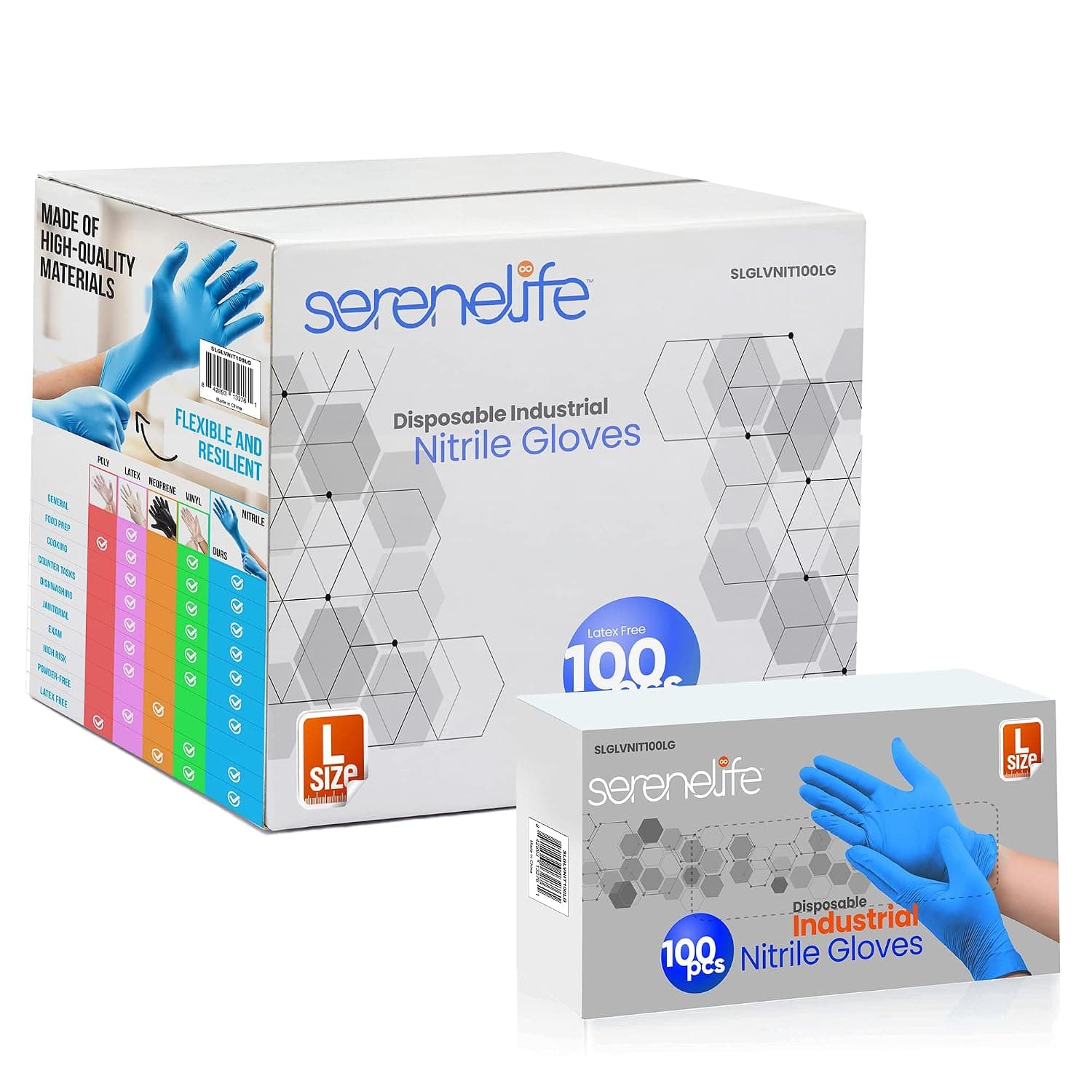 SereneLife 1000 Pcs Nitrile Blend Disposable Gloves - Soft Industrial Gloves, Vinyl Gloves Powder-Free, Latex-Free Protective Gloves, Soft and Comfortable, Size Large