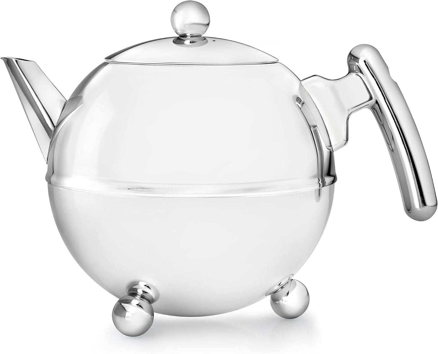 bredemeijer Bella Ronde Double Walled Teapot, 1.2-Liter, Stainless Steel Glossy Finish with Chromium Settings