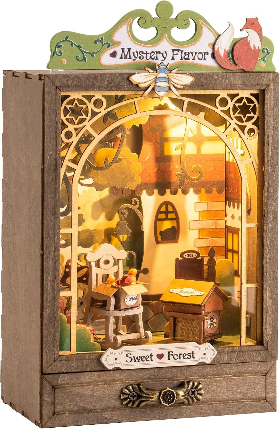 ROBOTIME DIY Book Nook Kit Decorative Bookend Miniature Dollhouse Kit DIY Tiny House Kit with LED Light Wooden Dollhouse with Furniture Hand Crafts to Build (Sweet Forest)