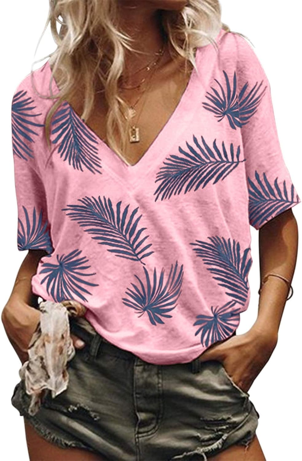 Dokotoo Womens Fashion 2019 Summer Female Feather Print Casual Short Sleeve V Neck Loose Plain Tops and Summer Blouses T Shirts Tunics Pink Medium