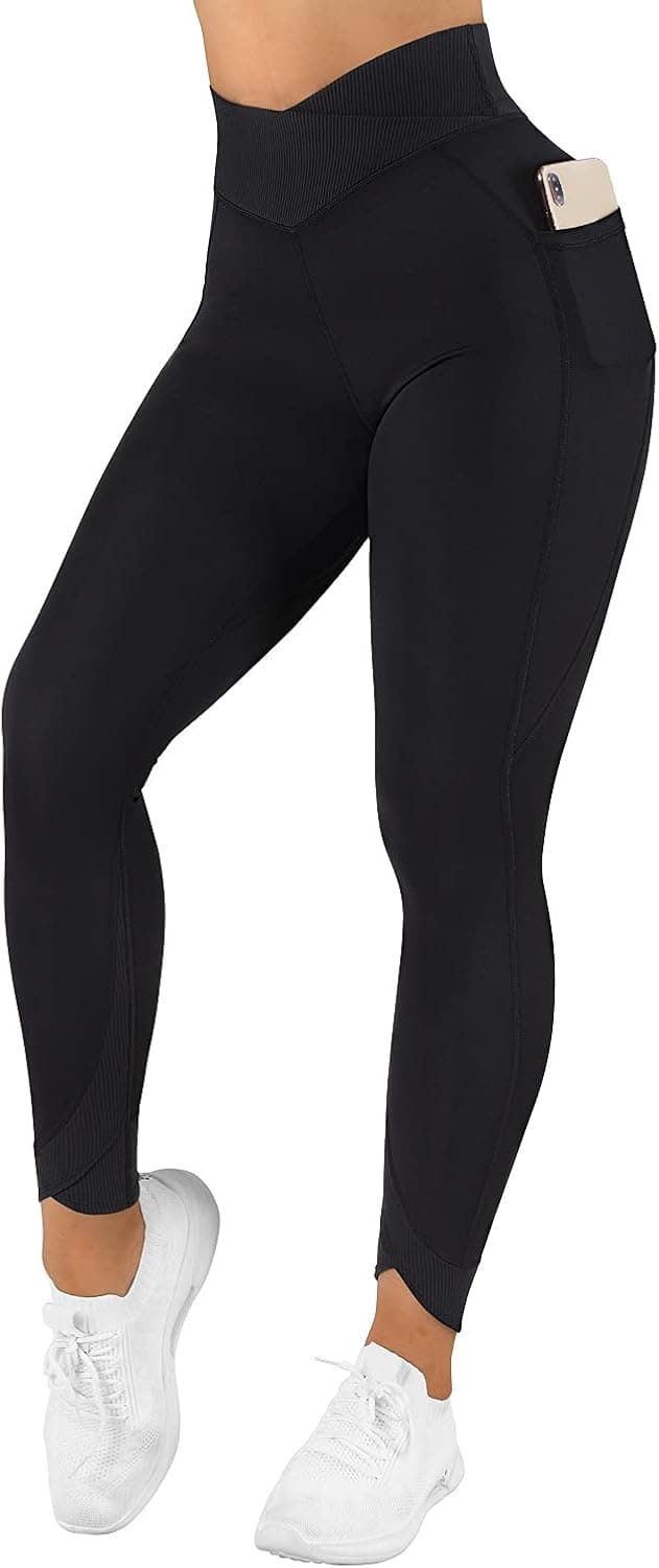 RUUHEE Women V Cross Waist Reflective High Waisted Crossover Leggings with Pockets Yoga Pants