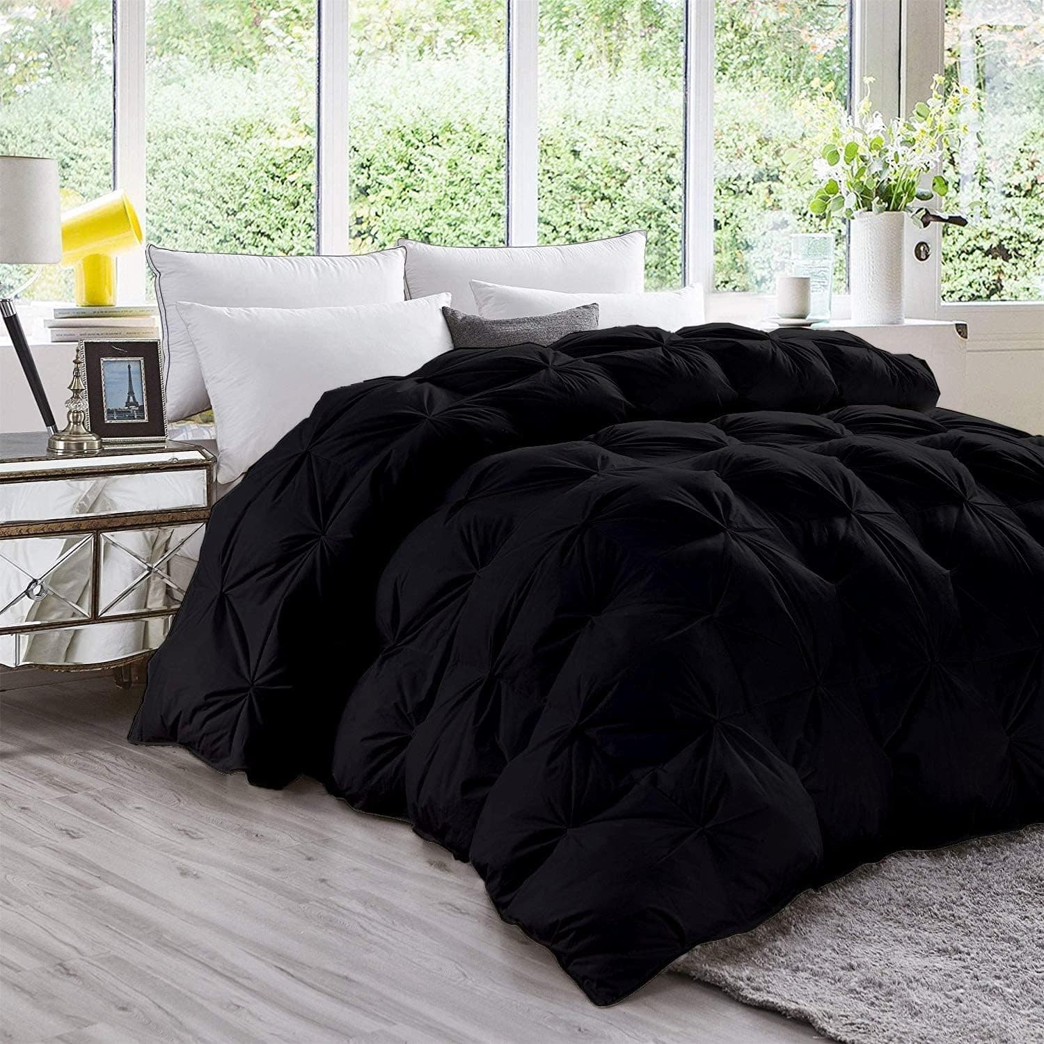 Crown Collection Black Down Alternative Pinch Pleated Comforter- Twin XL Size 68 x 92 Inches 1 Piece All-Season Duvet Insert, 500 GSM with Corner Tabs 100% Egyptian Cotton (Black Solid)