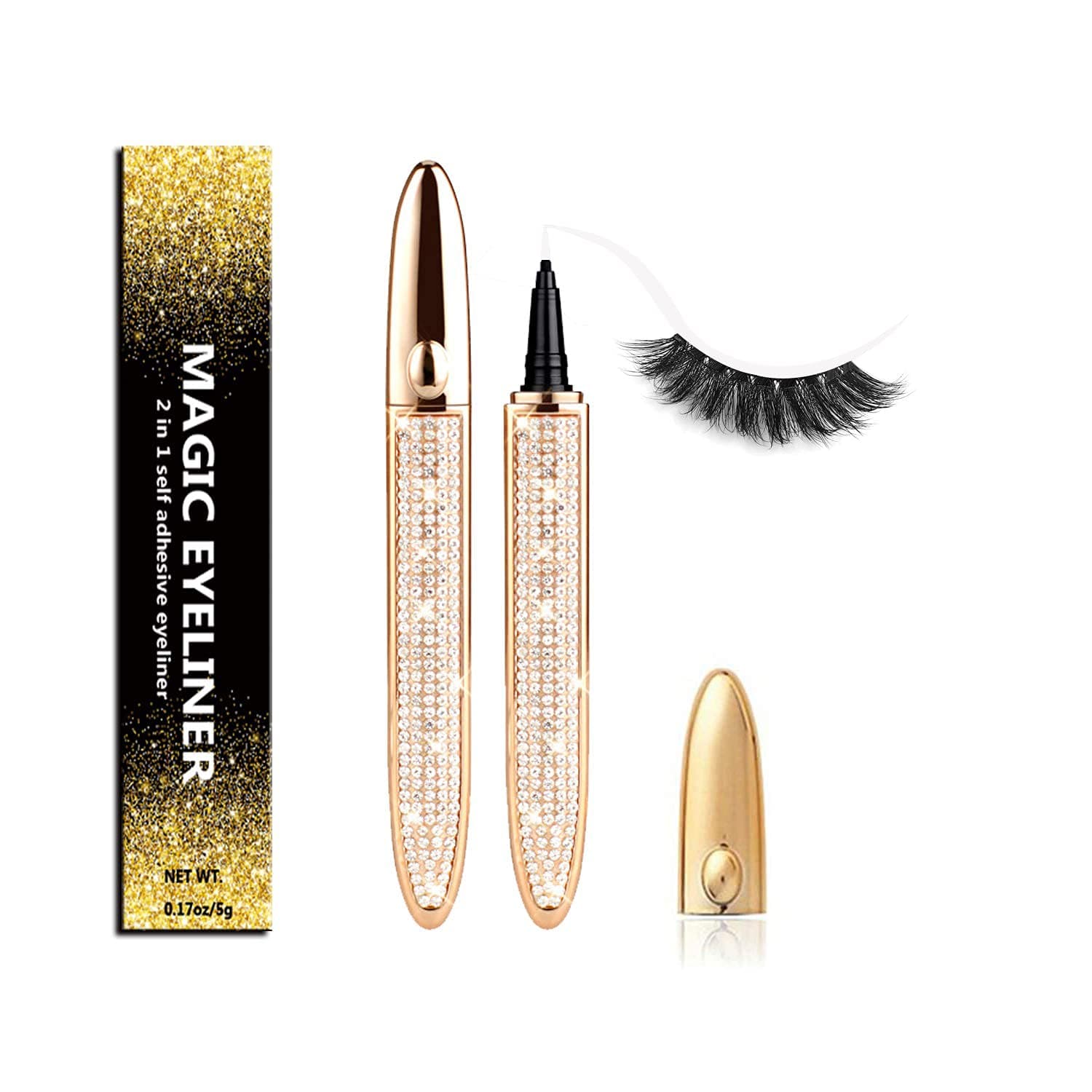 2021 Upgraded Self-adhesive Eyeliner Glue Pen,2 in 1 Eye Liner Pen Diamond Bling Glitter Liquid Eyeliner No Glue, Non Magnetic, Eye Liner for Eye Makeup and Wear Normal False Eyelashes (2021 A)