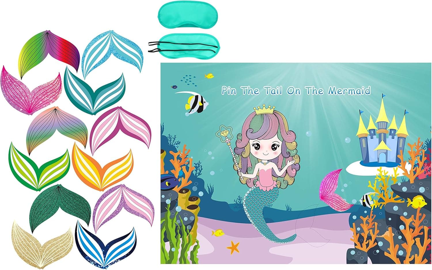 Mermaid Party Favors Pin The Tail on The Mermaid Party Game Under The Sea Party Games with 36 Reusable Tails, Mermaid Party Supplies
