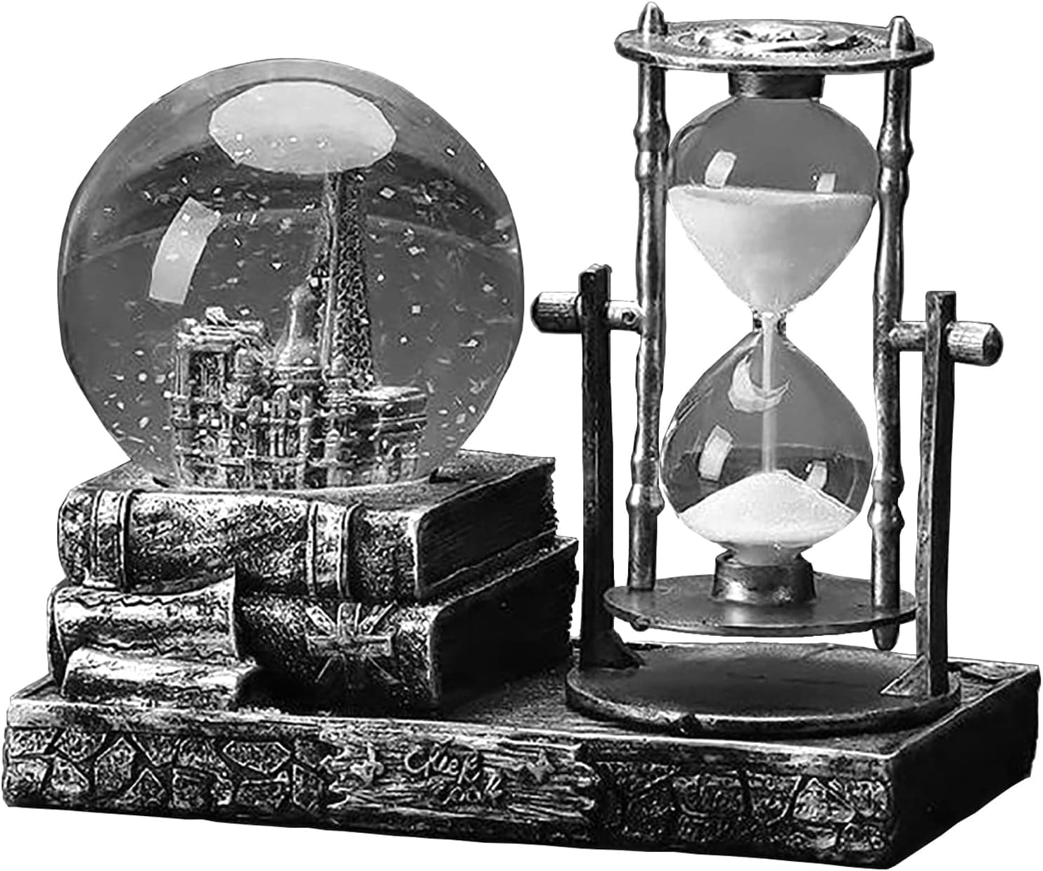 LED Music Crystal Snow Globe with Hourglass Timer Home Decoration for Living Room Bedroom Book Shelf TV Cabinet Desktop Decor Statue Figurine Table Centerpieces Ornaments(A Silver)