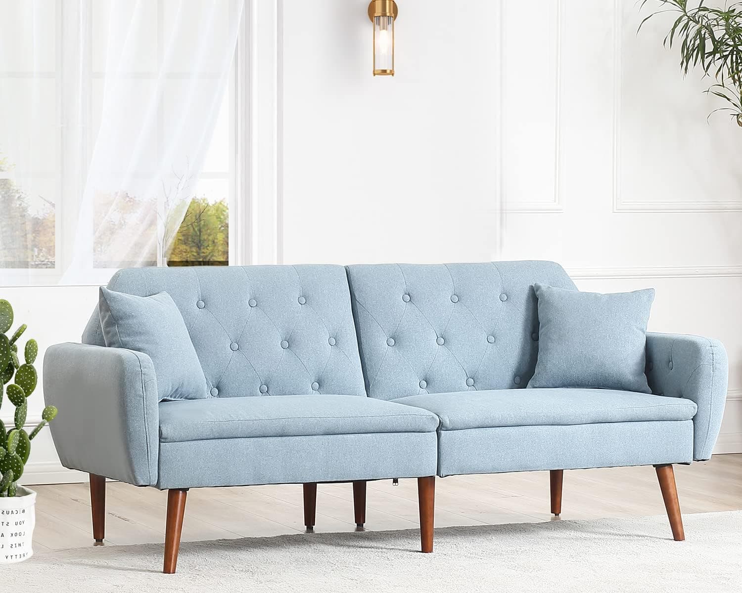 SWHSE Futon Sofa Bed, Convertible Sleeper Sofa with Tapered Wood Legs and Adjustable Backrest 2 Pillows for Living Room, Bedroom, Loft, Small Space(Blue)