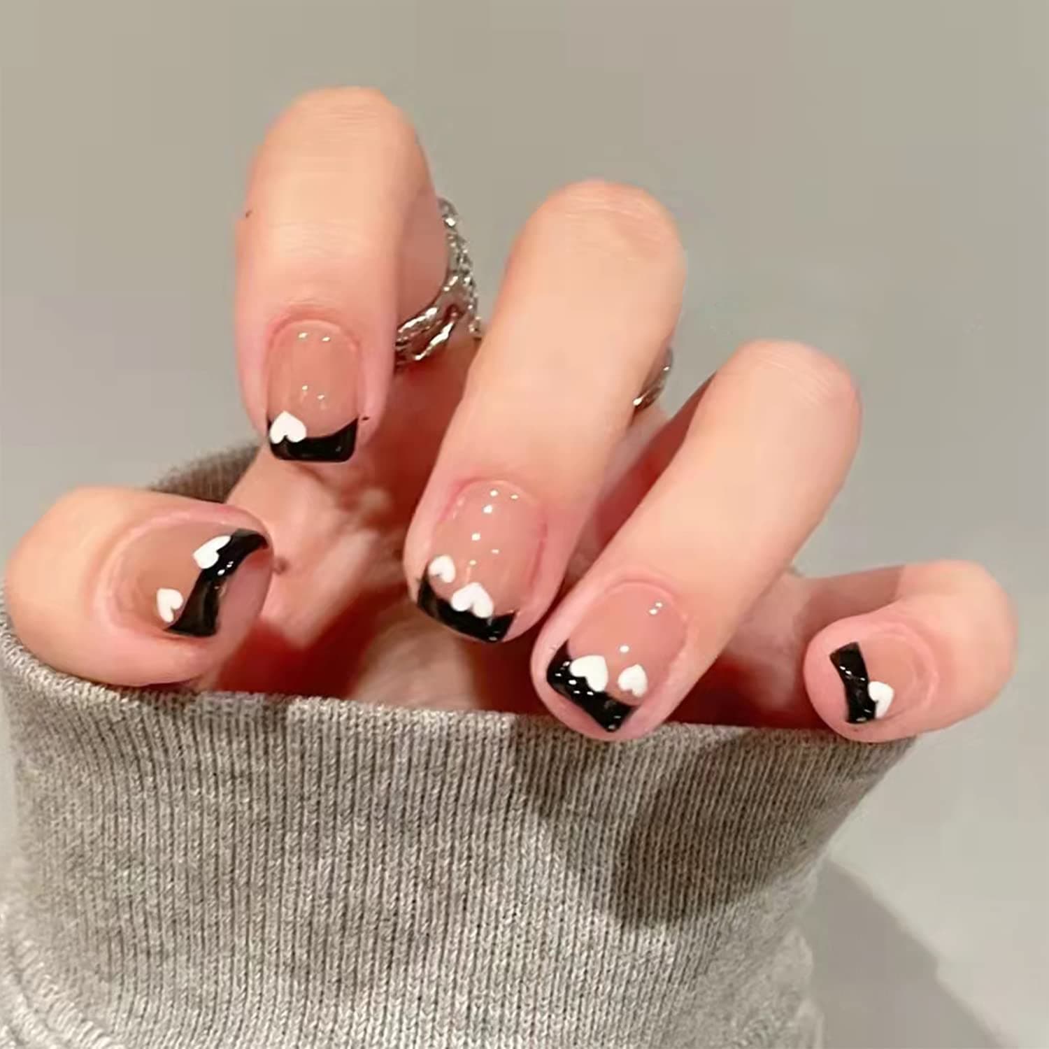 24 Pcs French Tip Press on Nails Short Square Fake Nails Cute White Heart Stick on Nails Valentine's Day Black Nail Tips Designs Full Cover Glue on Nails Glossy Acrylic Nails for Women Girls