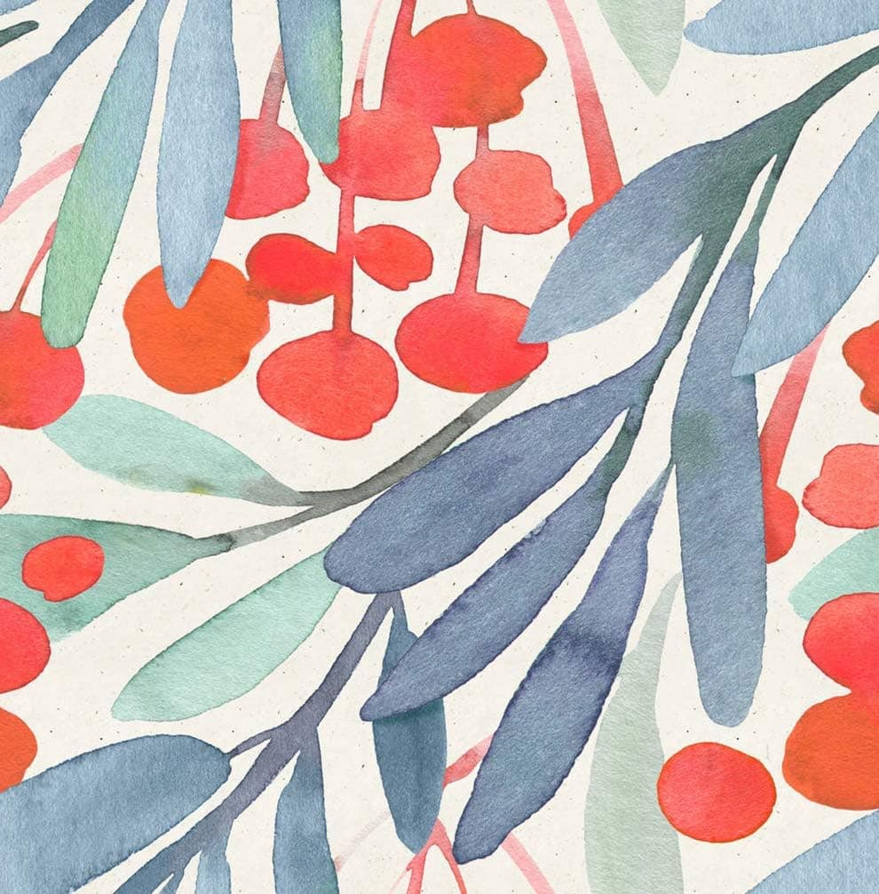 Blooming Wall DPY03 Peel&Stick Removable Handpainting Green Blue Leaves with Red Cherries Self-Adhesive Prepasted Wallpaper Wall Mural Wall Decor