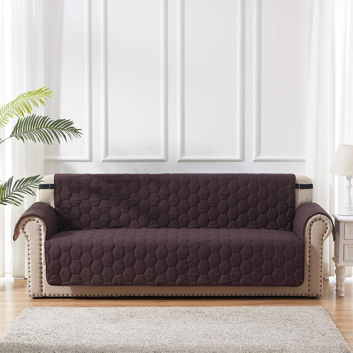 SunStyle Home Sofa Slipcover Furniture Protector 100% Waterproof Honeycomb Quilted Couch Cover with Adjustable Elastic Strap and Non-Slip Backing - Sofa - Chocolate/Beige