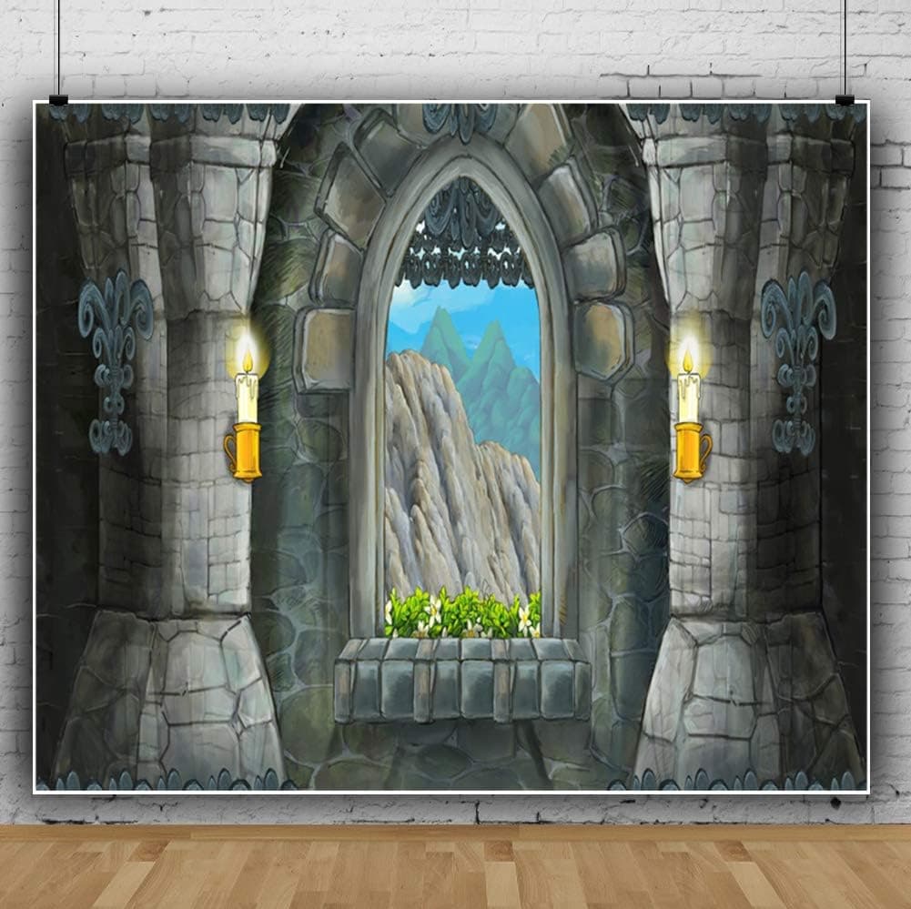 Laeacco 10x8ft Cartoon Fairytale Old Castle Vinyl Photography Background Rustic Arch Stone Window Candles Flowers Remote Mountains Backdrop Child Kids Baby Shoot Landscape Wallpaper Studio Props